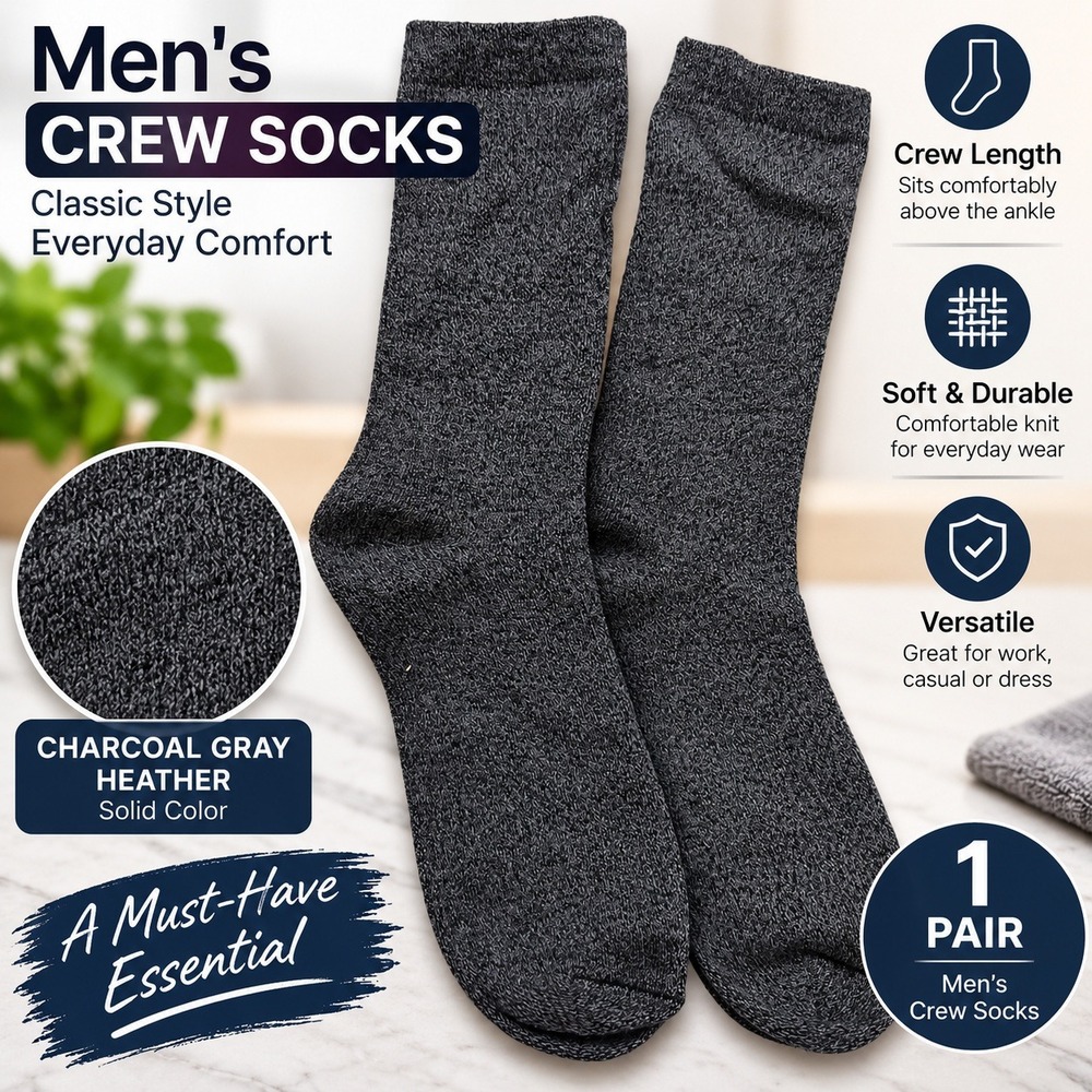 Mens Crew Socks Charcoal Gray Heather Solid Color 1 Pair Everyday Comfort